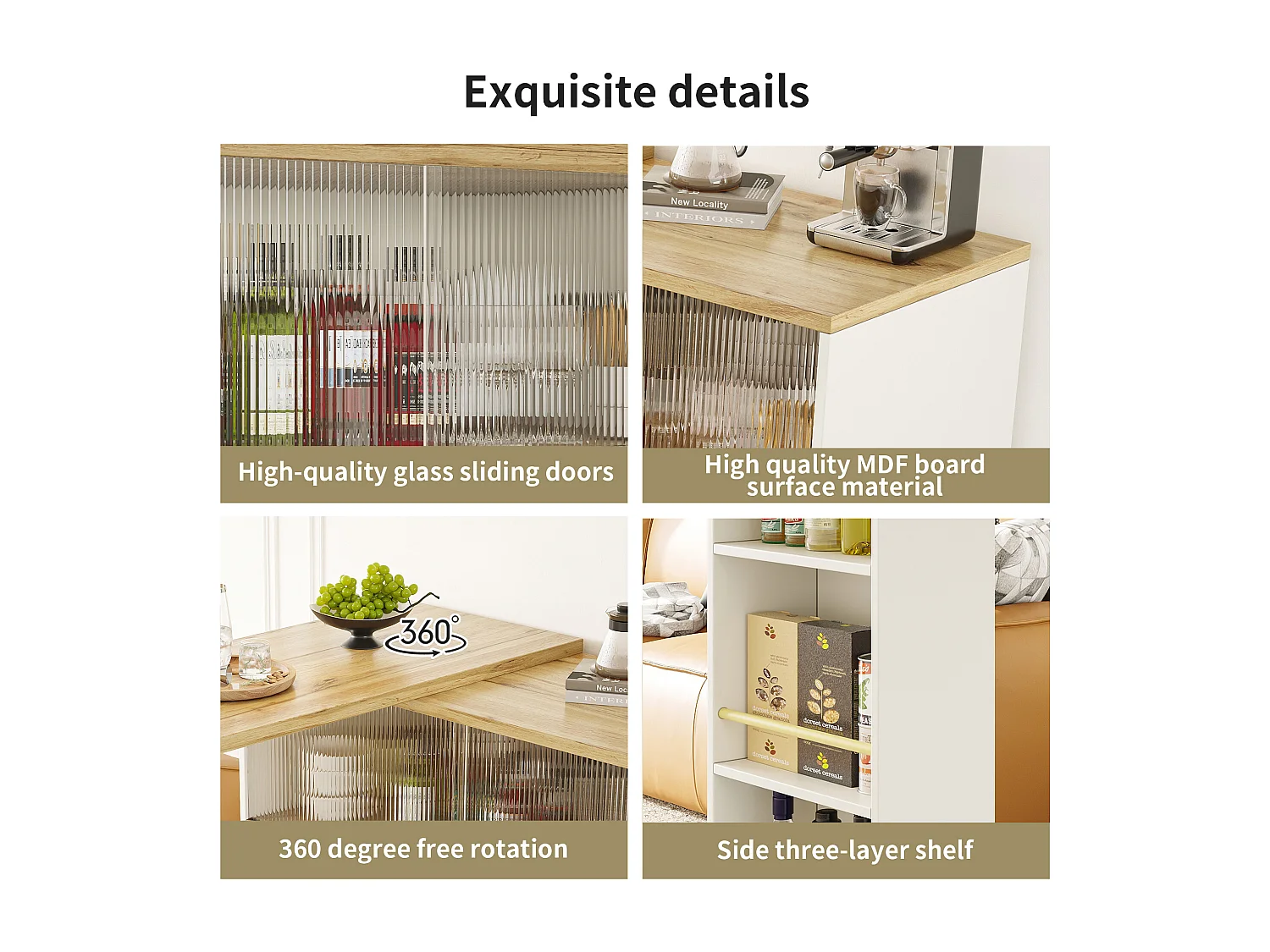Rotating bar cabinet - 90 x 45 x 100 cm - with 4 doors and storage shelves - MDF wood and glass - white
