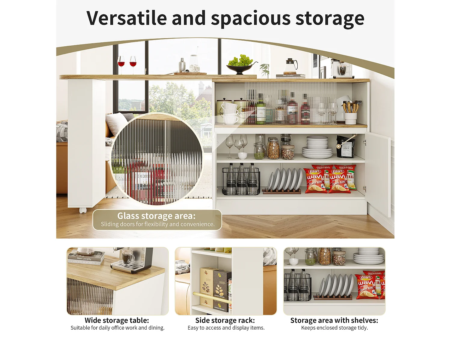 Rotating bar cabinet - 90 x 45 x 100 cm - with 4 doors and storage shelves - MDF wood and glass - white