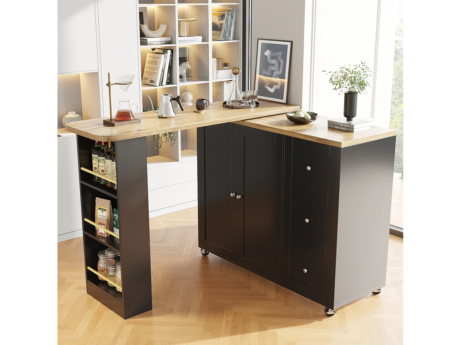 Rotating bar cabinet - 2 doors + 2 drawers and storage shelves - 138/209 x 39 x 106 cm - MDF wood and glass - Black + natural