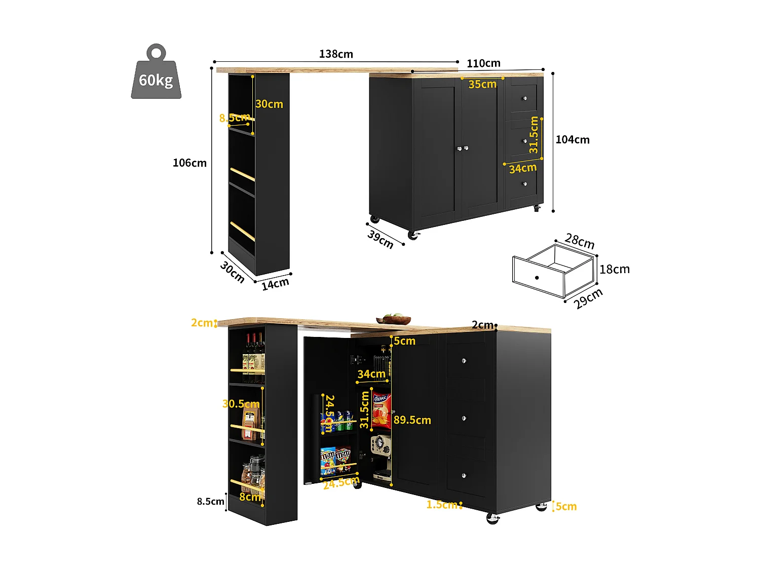 Rotating bar cabinet - 2 doors + 2 drawers and storage shelves - 138/209 x 39 x 106 cm - MDF wood and glass - Black + natural