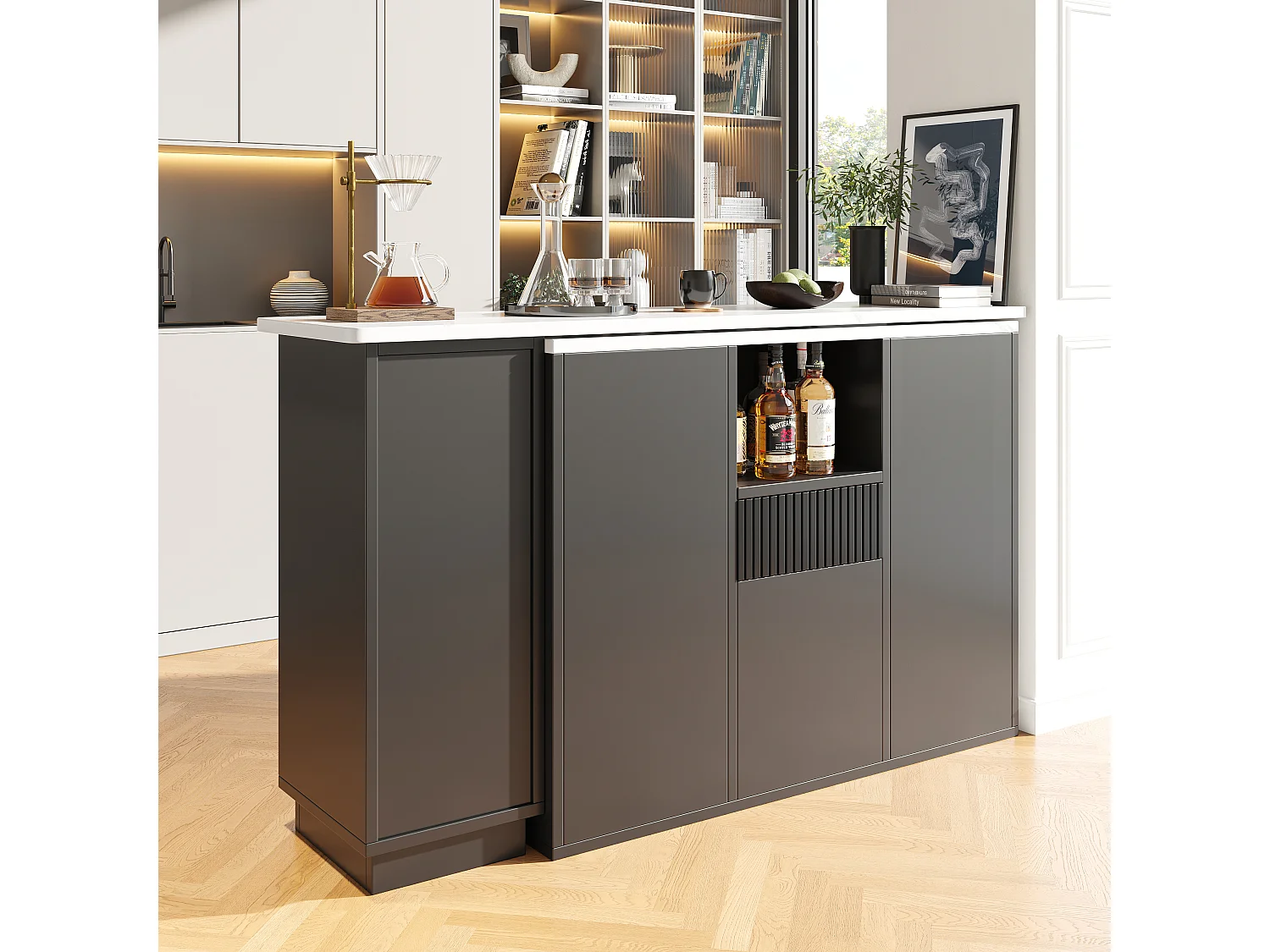 360° rotating bar cabinet - 198.5 x 30 x 75 cm - with 4 doors + marble top - MDF - black
