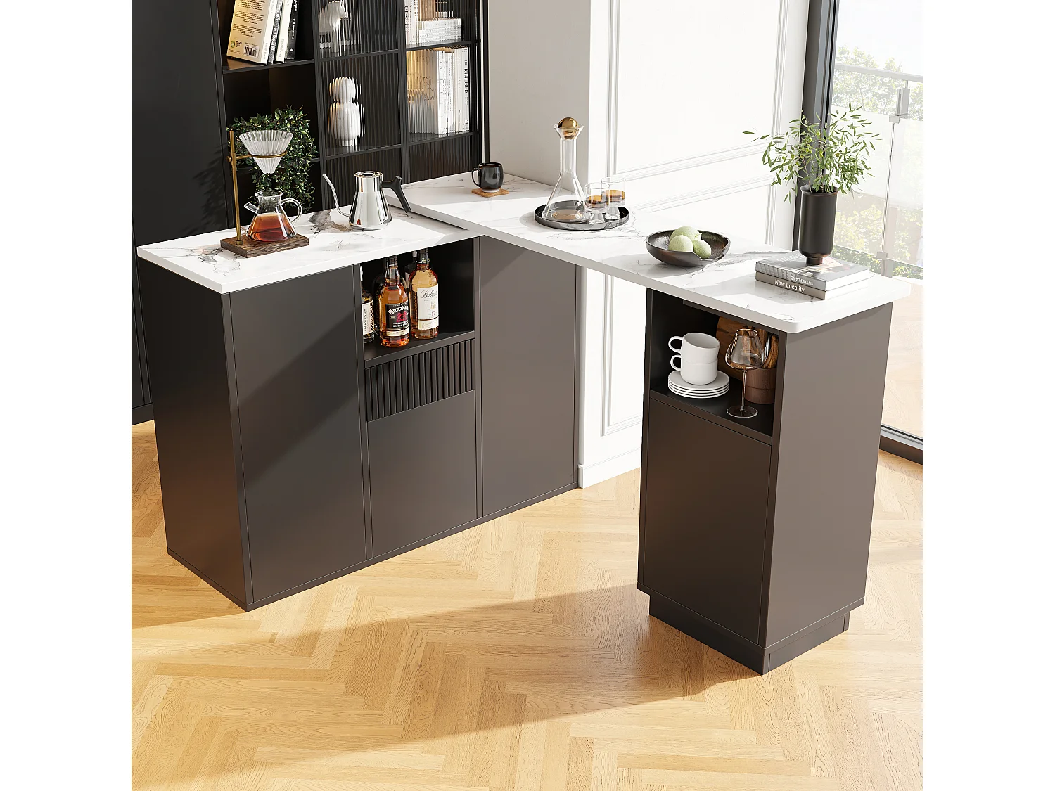 360° rotating bar cabinet - 198.5 x 30 x 75 cm - with 4 doors + marble top - MDF - black