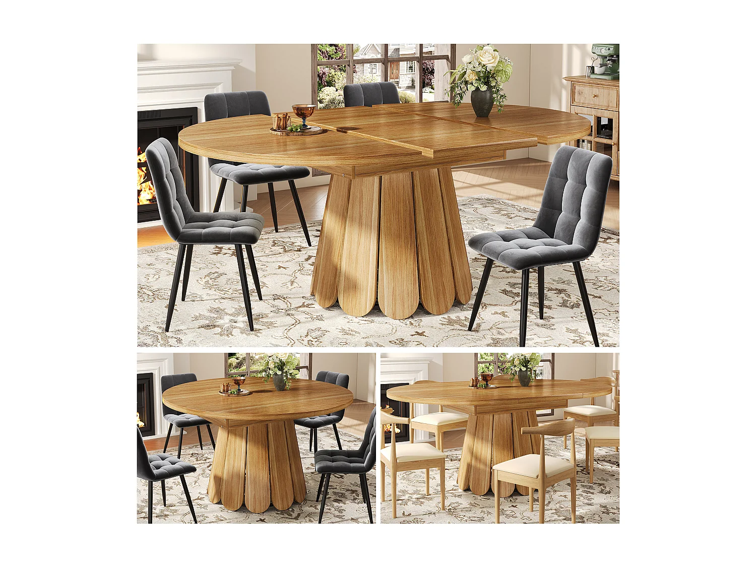 6-seater dining table - 118/158 x 118 x 76.8 cm - extendable top - MDF - natural
