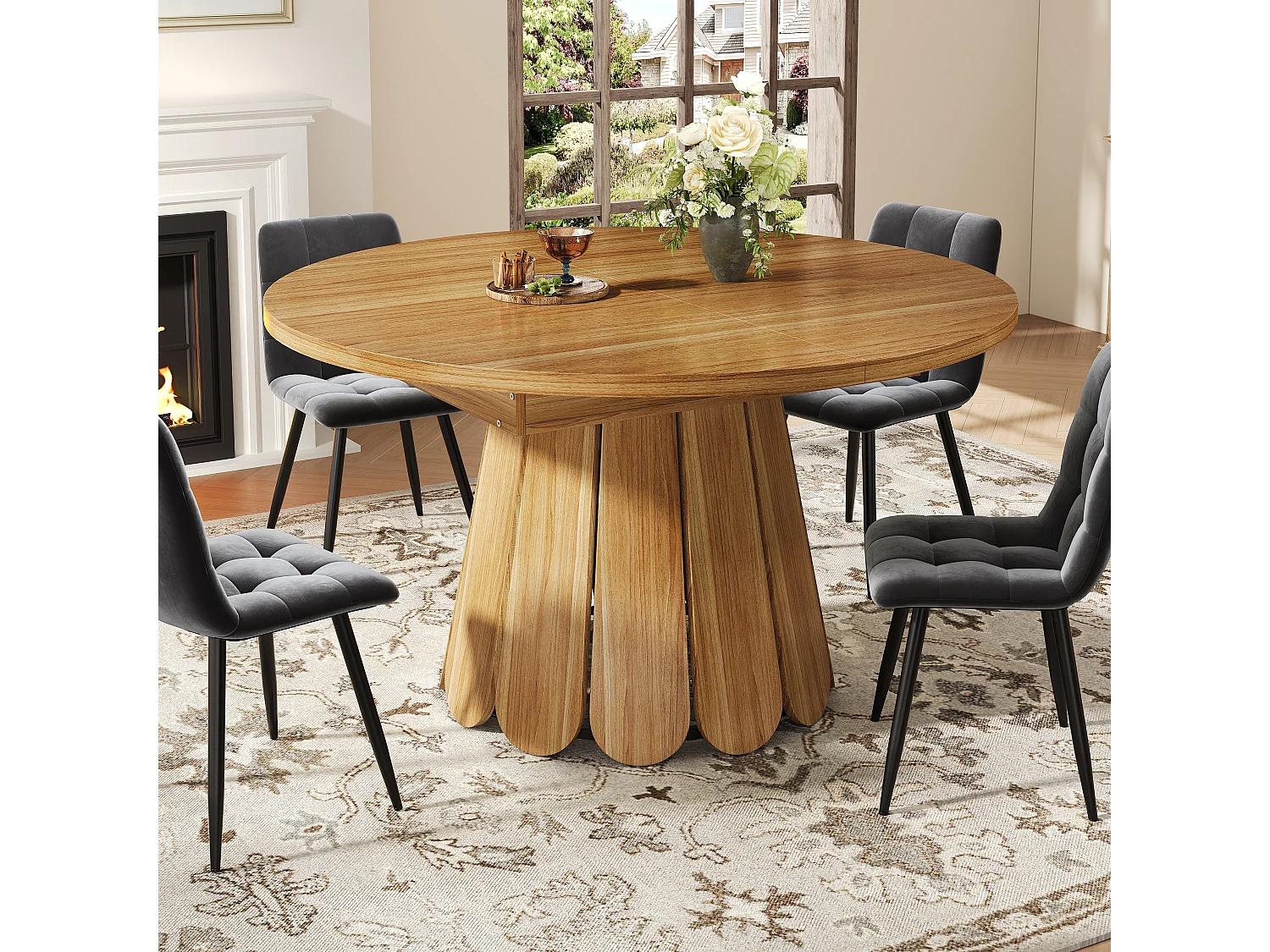 6-seater dining table - 118/158 x 118 x 76.8 cm - extendable top - MDF - natural