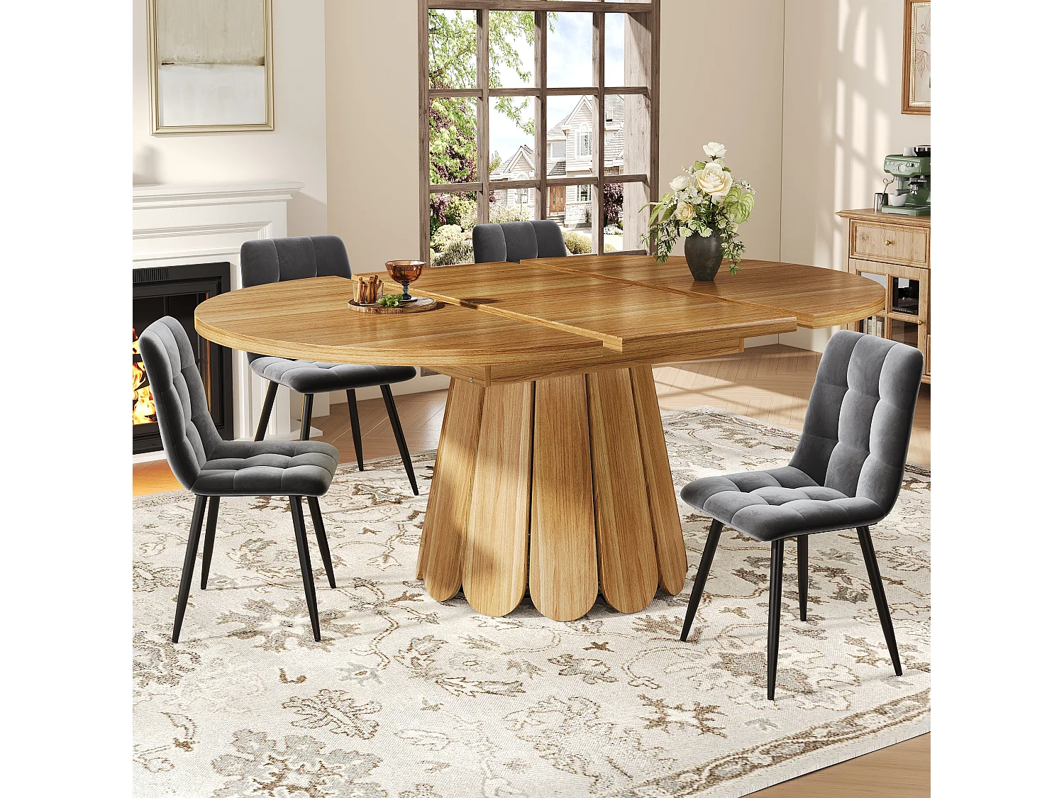 6-seater dining table - 118/158 x 118 x 76.8 cm - extendable top - MDF - natural