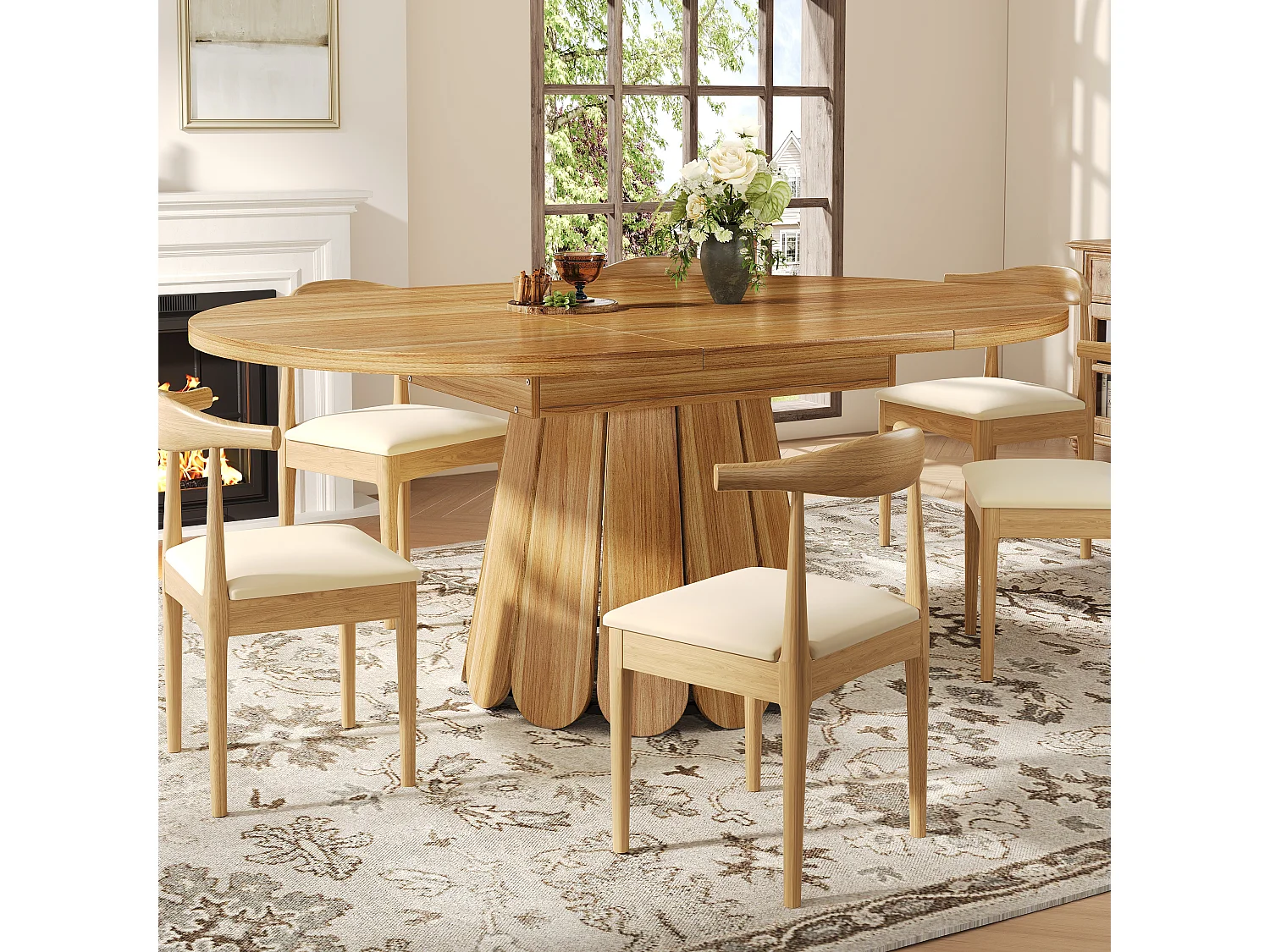 6-seater dining table - 118/158 x 118 x 76.8 cm - extendable top - MDF - natural