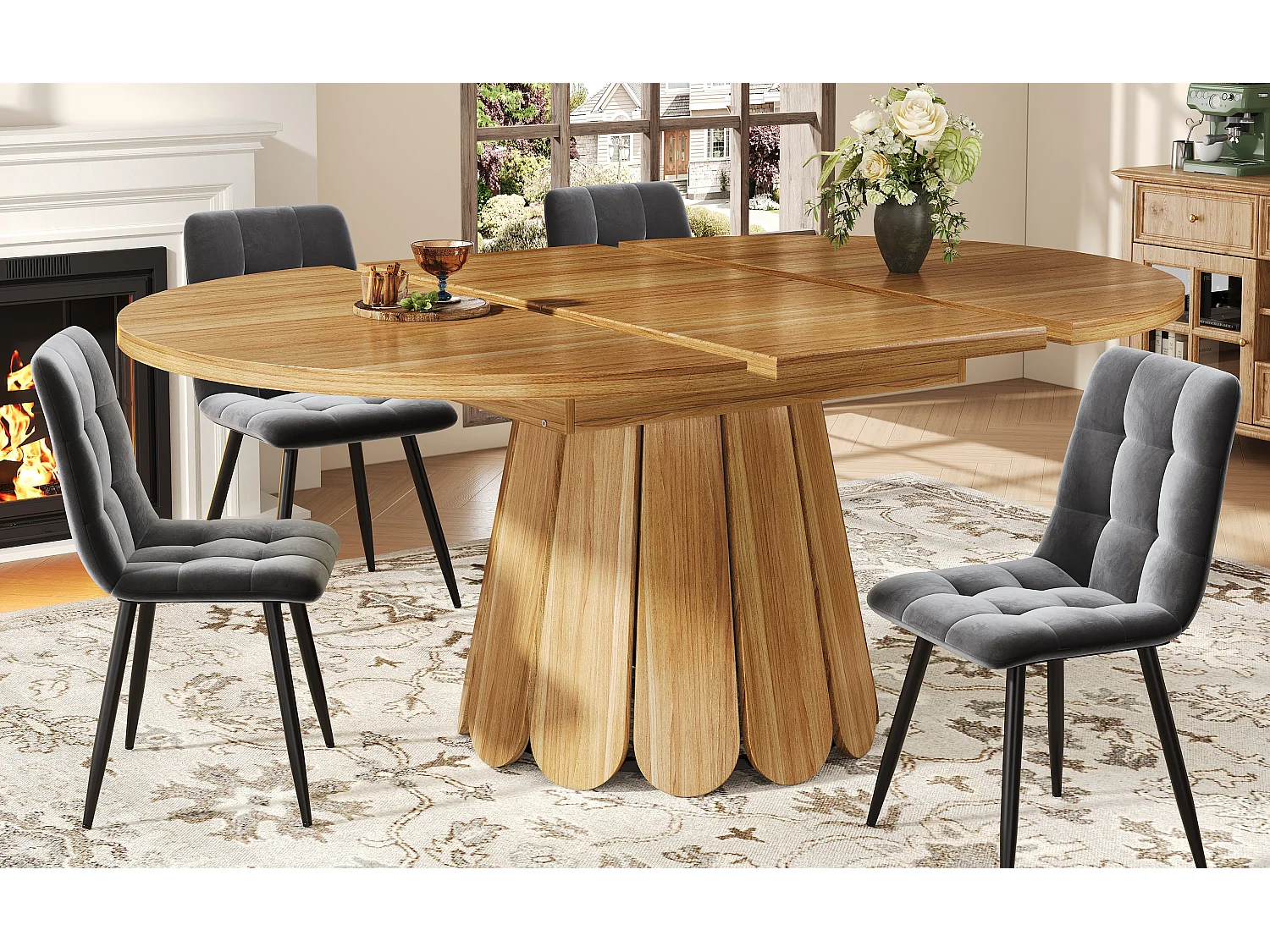 6-seater dining table - 118/158 x 118 x 76.8 cm - extendable top - MDF - natural