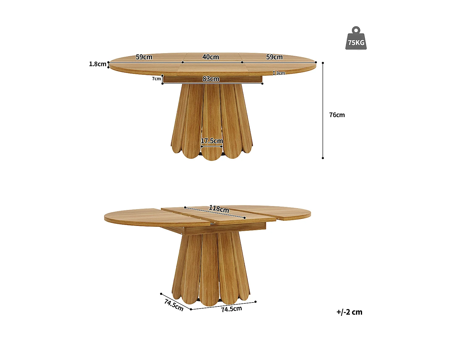 6-seater dining table - 118/158 x 118 x 76.8 cm - extendable top - MDF - natural