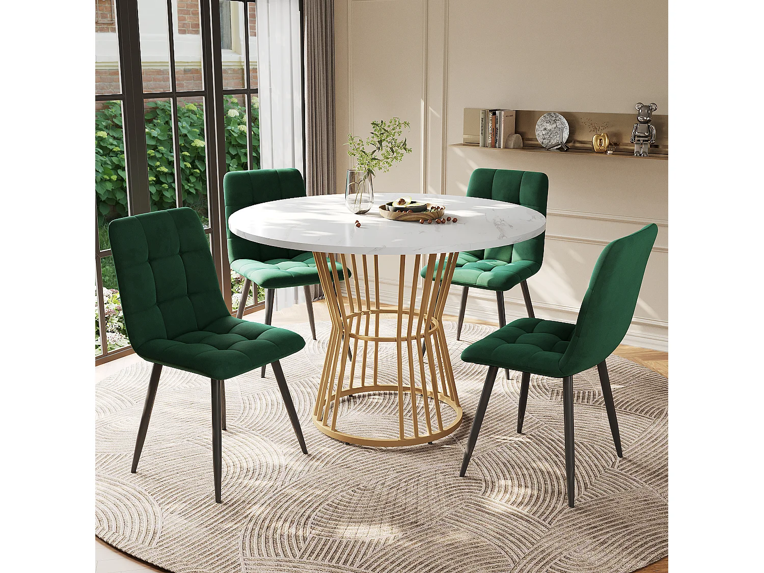 Dining set (5 pieces) - with 1 table + 4 velvet chairs - metal legs - MDF - green + gold