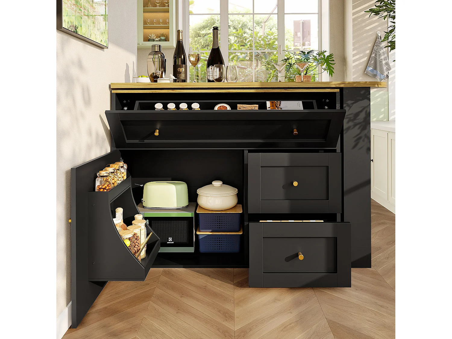 Extendable bar cabinet - 138-204 x 39 x 105 cm - with snack shelf + 2 drawers + 2 doors - MDF + Metal - black