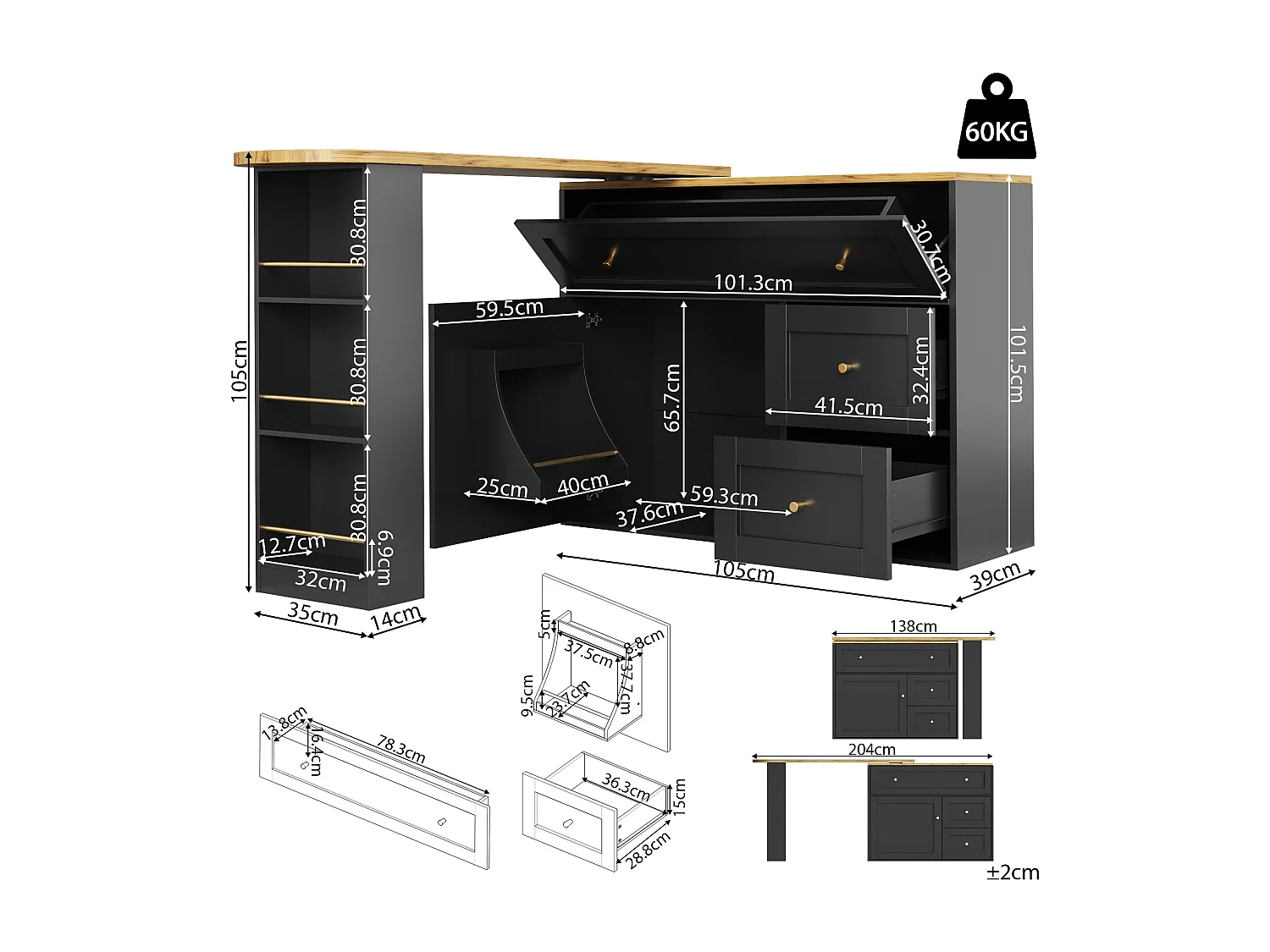 Extendable bar cabinet - 138-204 x 39 x 105 cm - with snack shelf + 2 drawers + 2 doors - MDF + Metal - black