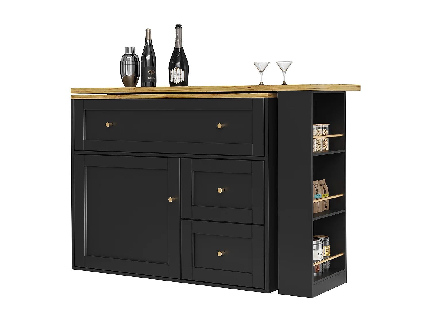 Extendable bar cabinet - 138-204 x 39 x 105 cm - with snack shelf + 2 drawers + 2 doors - MDF + Metal - black