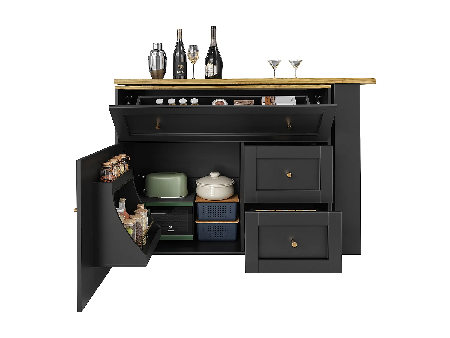 Extendable bar cabinet - 138-204 x 39 x 105 cm - with snack shelf + 2 drawers + 2 doors - MDF + Metal - black