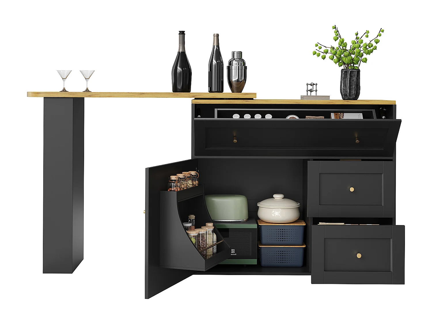 Extendable bar cabinet - 138-204 x 39 x 105 cm - with snack shelf + 2 drawers + 2 doors - MDF + Metal - black