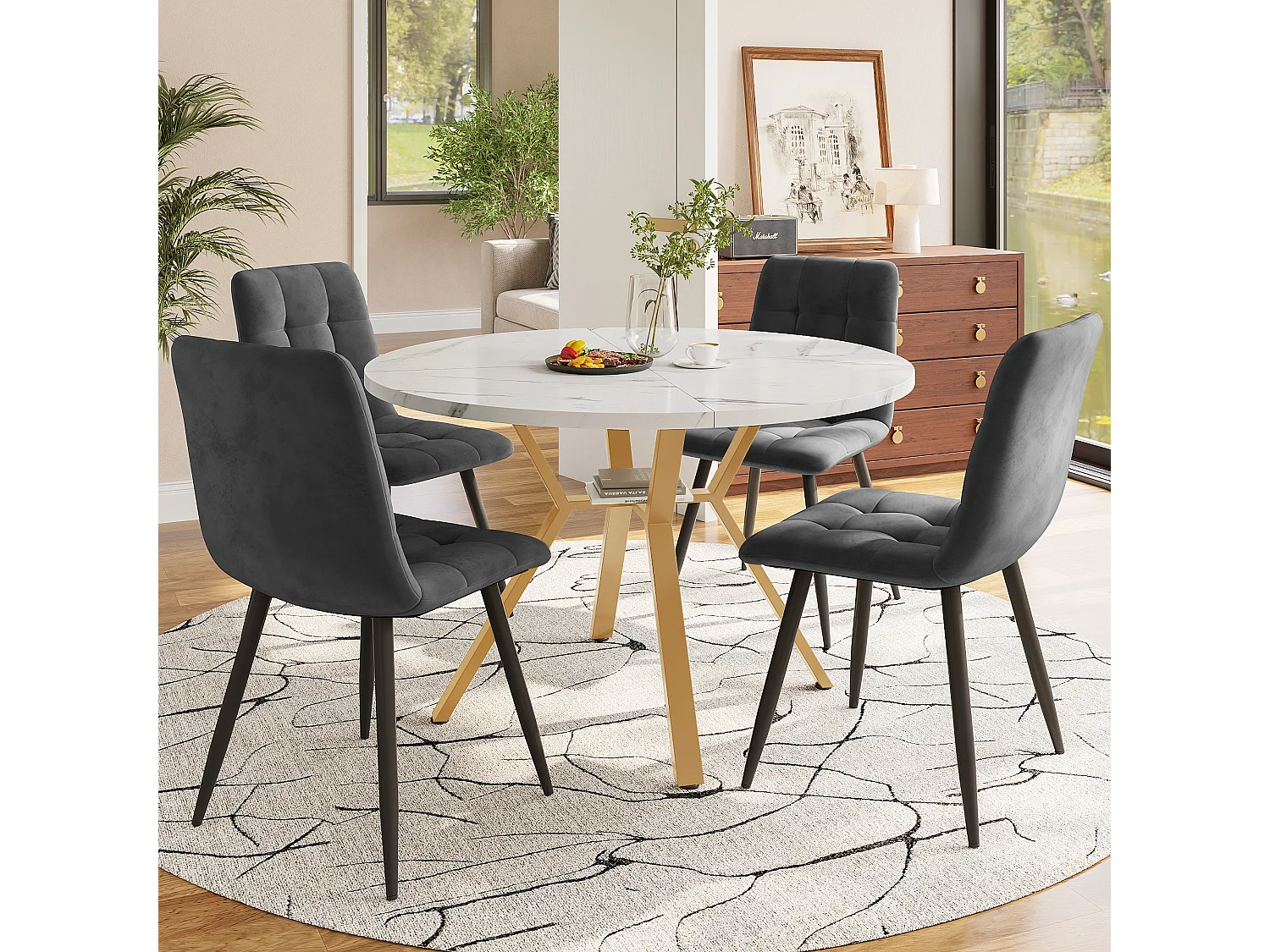 Set of 5 dining table and chairs - 100 x 100 x 75 cm - round table + 4 linen chairs - MDF - grey + white