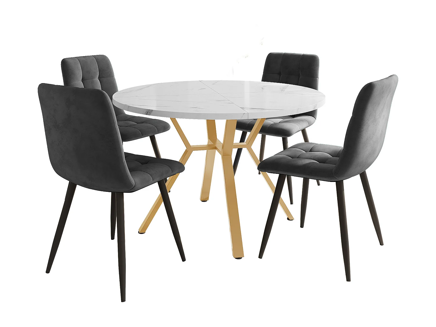 Set of 5 dining table and chairs - 100 x 100 x 75 cm - round table + 4 linen chairs - MDF - grey + white