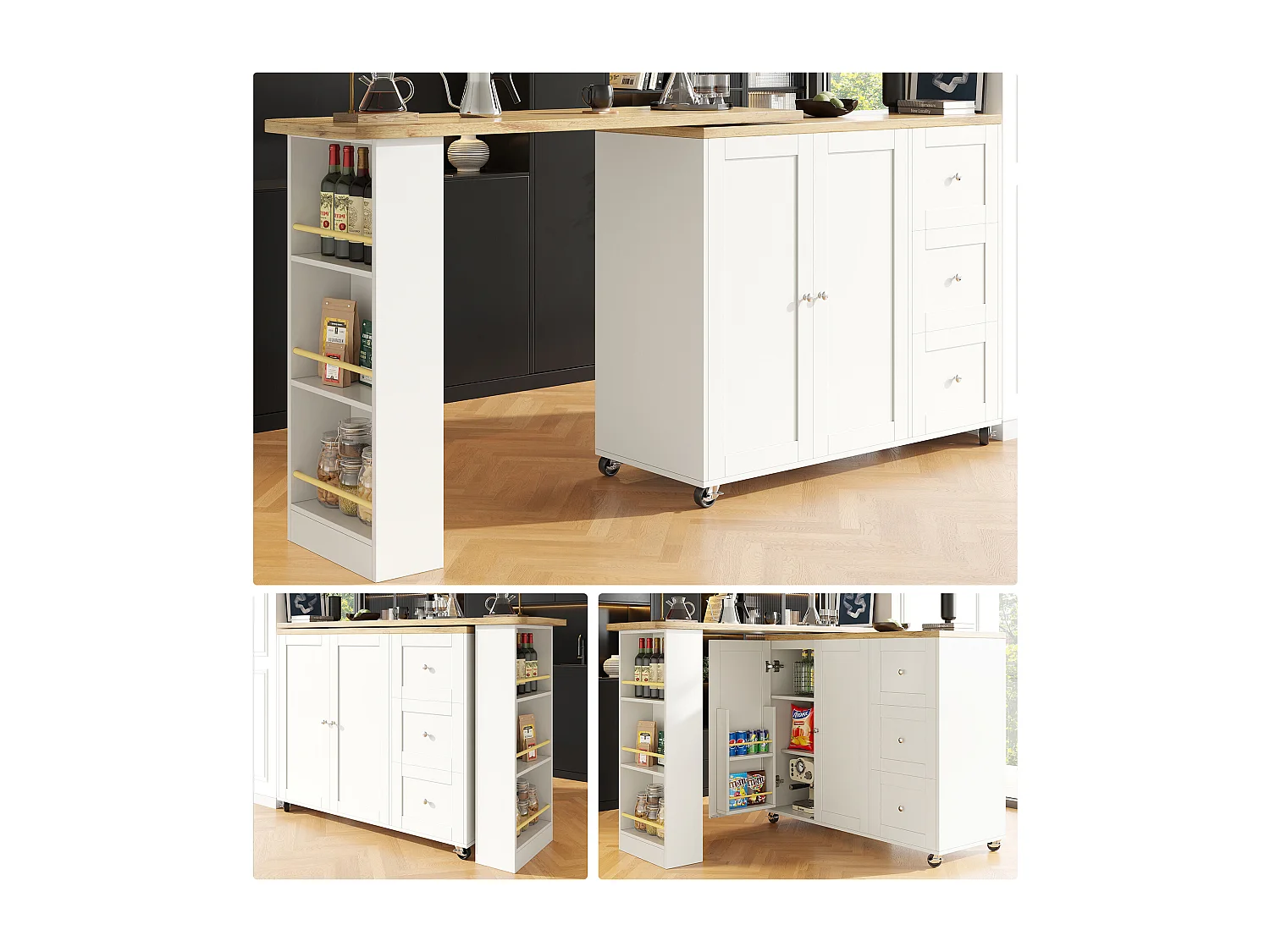 Rotating bar cabinet - 2 doors + 2 drawers and storage shelves - 138/209 x 39 x 106 cm - MDF wood and glass - White + natural