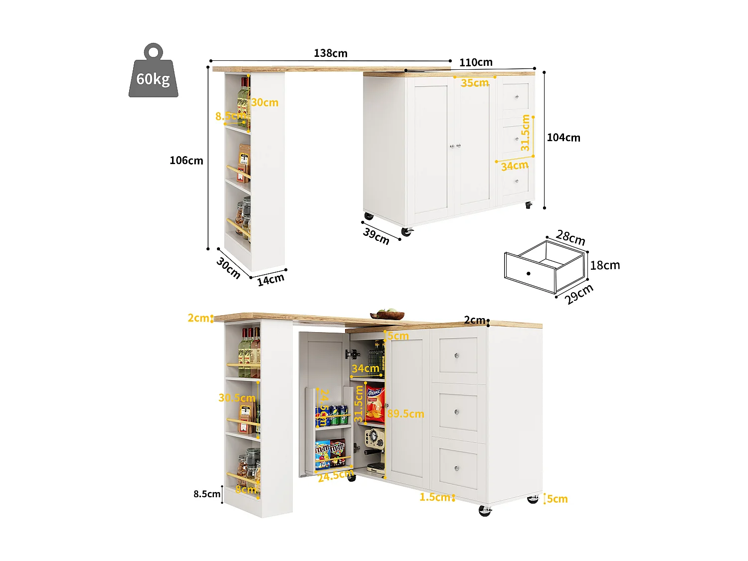Rotating bar cabinet - 2 doors + 2 drawers and storage shelves - 138/209 x 39 x 106 cm - MDF wood and glass - White + natural