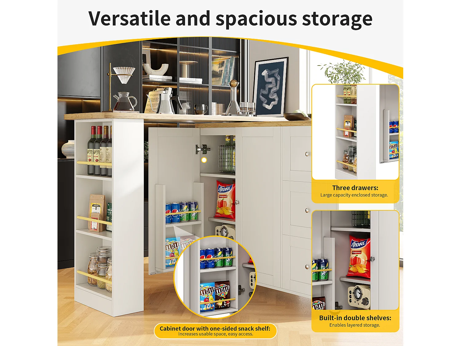 Rotating bar cabinet - 2 doors + 2 drawers and storage shelves - 138/209 x 39 x 106 cm - MDF wood and glass - White + natural