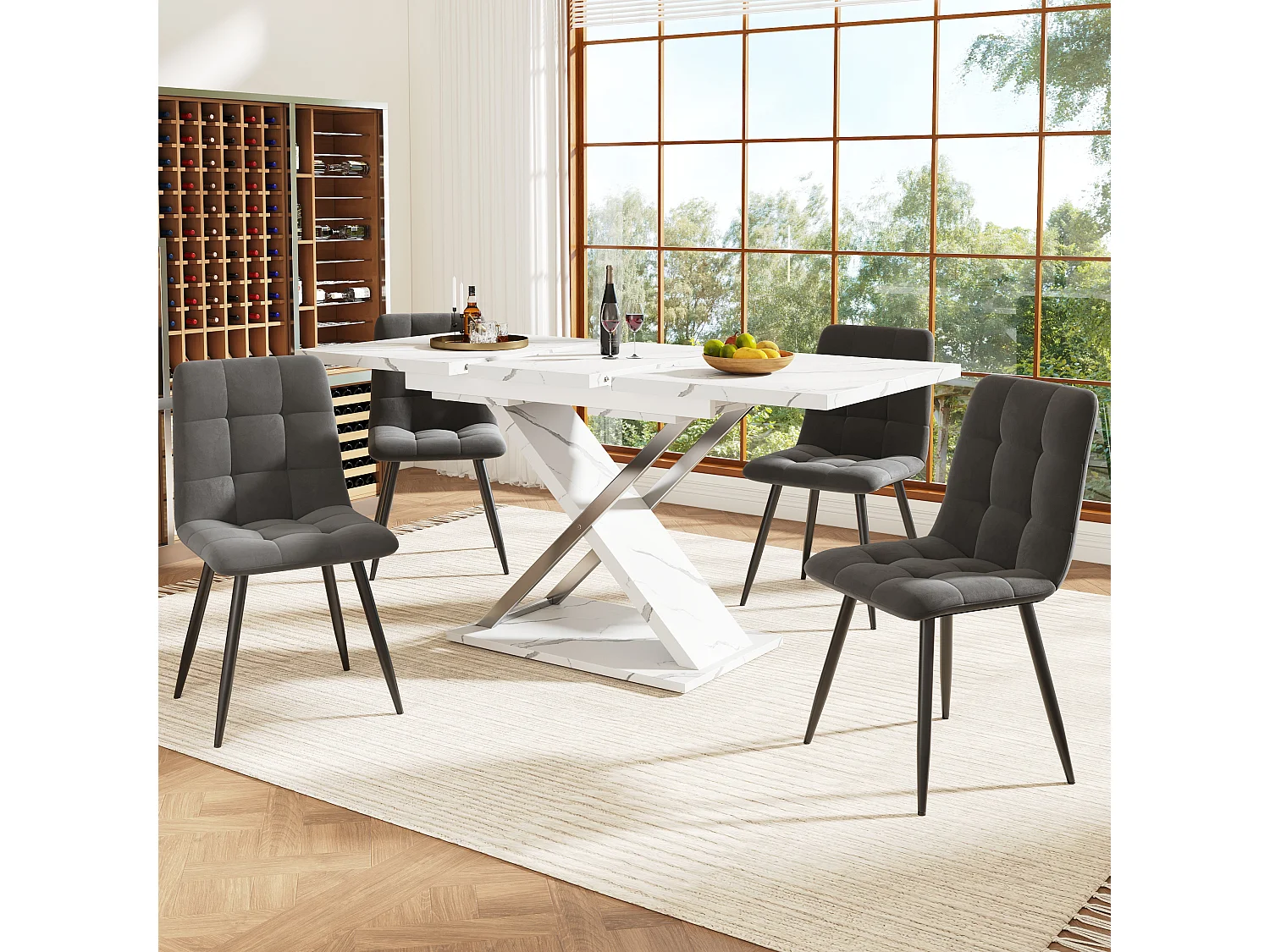 Extendable dining table for 4 to 6 people - 118/157 x 70 x 76.4 cm - Marble-effect top - MDF and metal - White