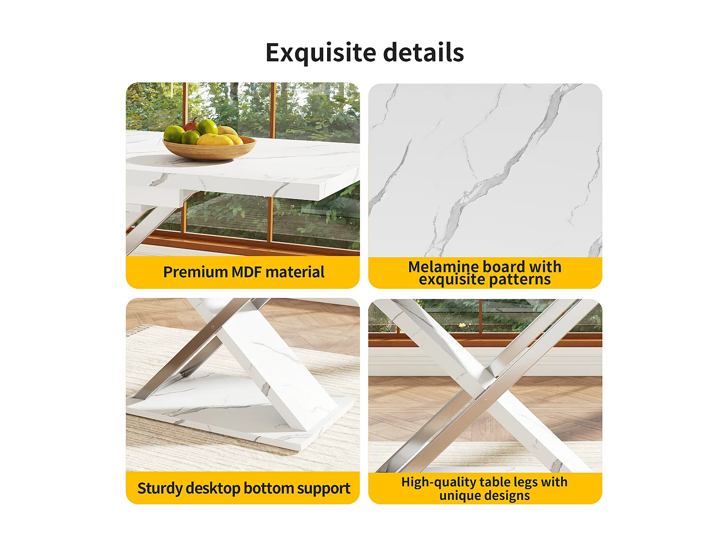 Extendable dining table for 4 to 6 people - 118/157 x 70 x 76.4 cm - Marble-effect top - MDF and metal - White
