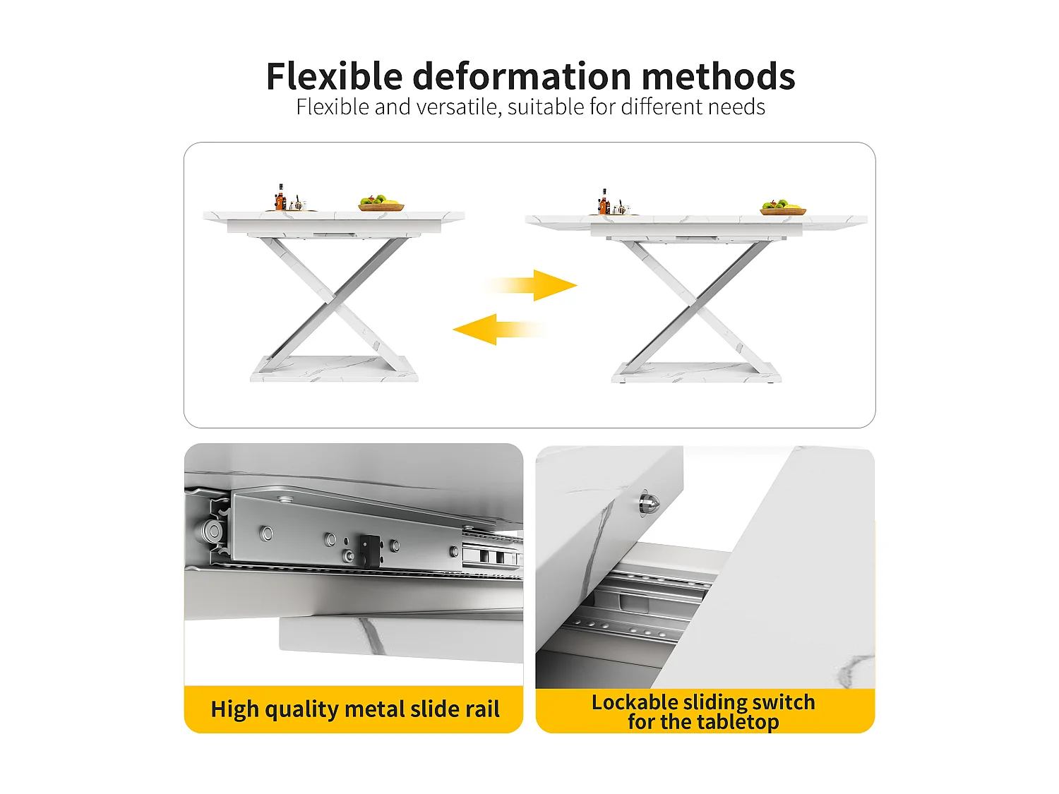 Extendable dining table for 4 to 6 people - 118/157 x 70 x 76.4 cm - Marble-effect top - MDF and metal - White