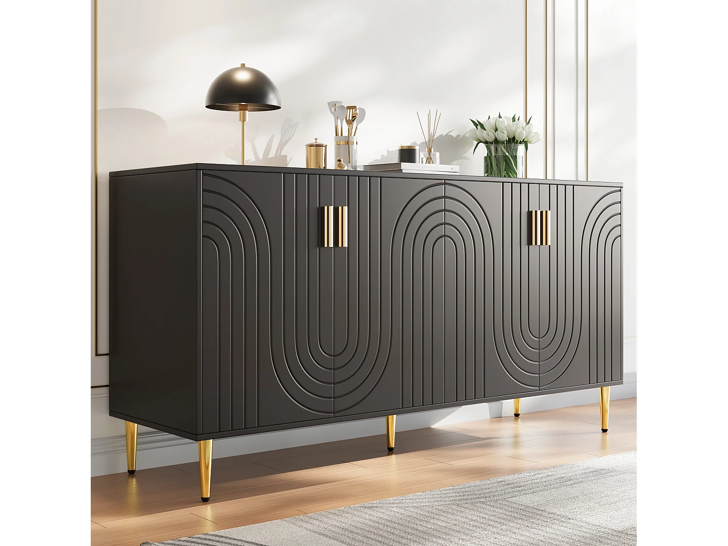 Sideboard with 4 doors - 152 x 40 x 75 cm - MDF wood - Wave design - Black