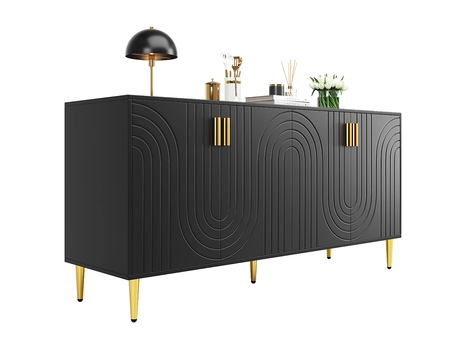 Sideboard with 4 doors - 152 x 40 x 75 cm - MDF wood - Wave design - Black