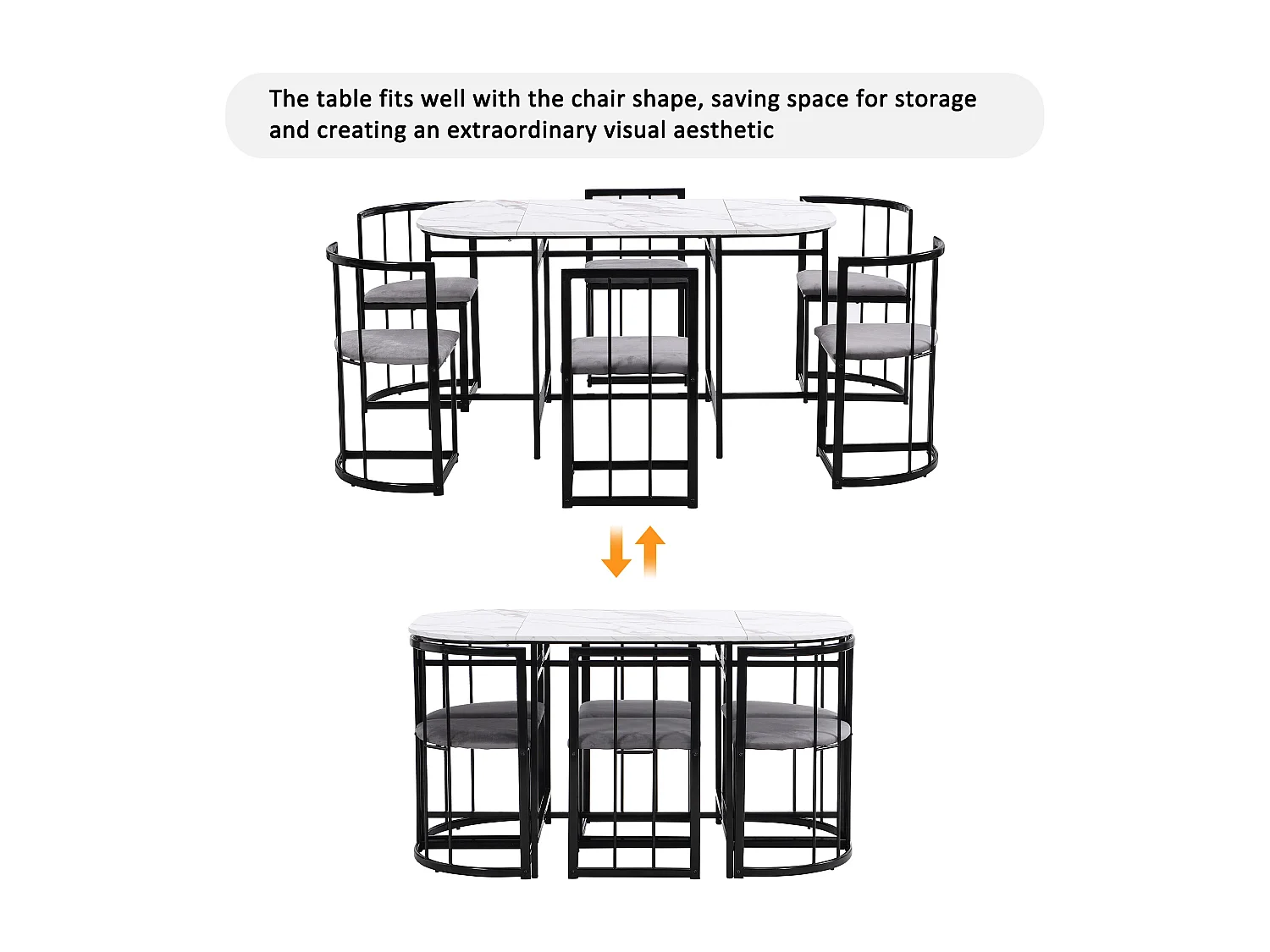 7-piece dining table and chair set - 1 table + 6 chairs with backrests - iron frame - MDF - black