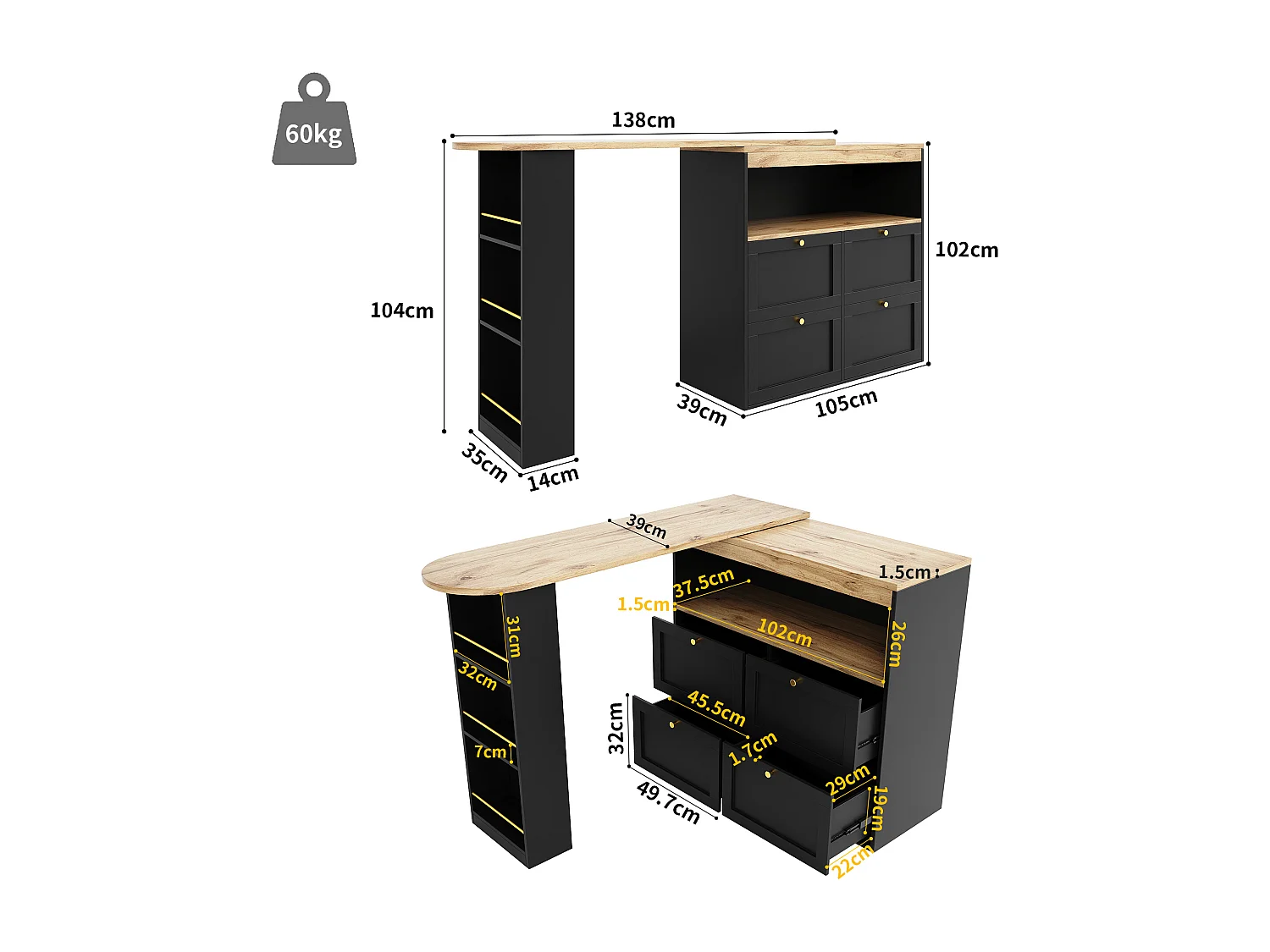 Swivel bar cabinet - 105 x 39 x 102 cm - with 4 drawers + 3 storage shelves - MDF wood-effect top - Black