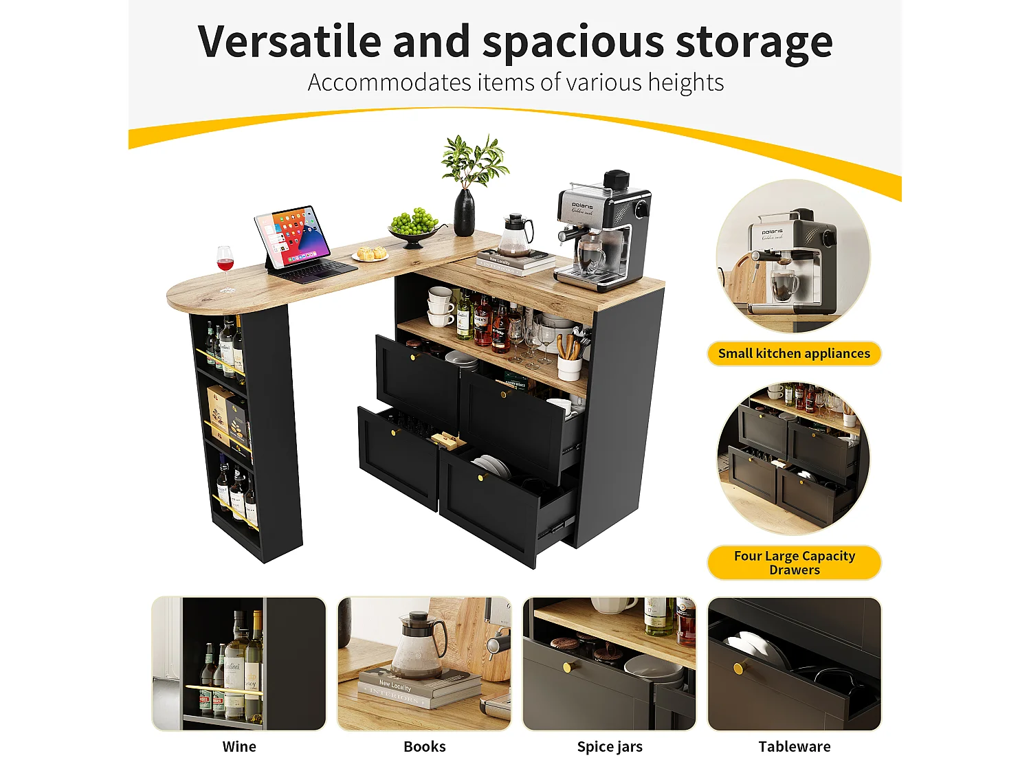 Swivel bar cabinet - 105 x 39 x 102 cm - with 4 drawers + 3 storage shelves - MDF wood-effect top - Black