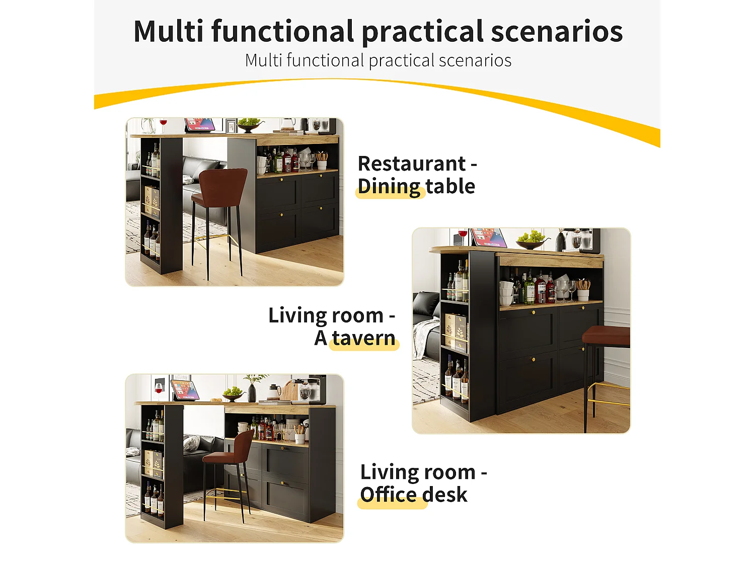 Swivel bar cabinet - 105 x 39 x 102 cm - with 4 drawers + 3 storage shelves - MDF wood-effect top - Black