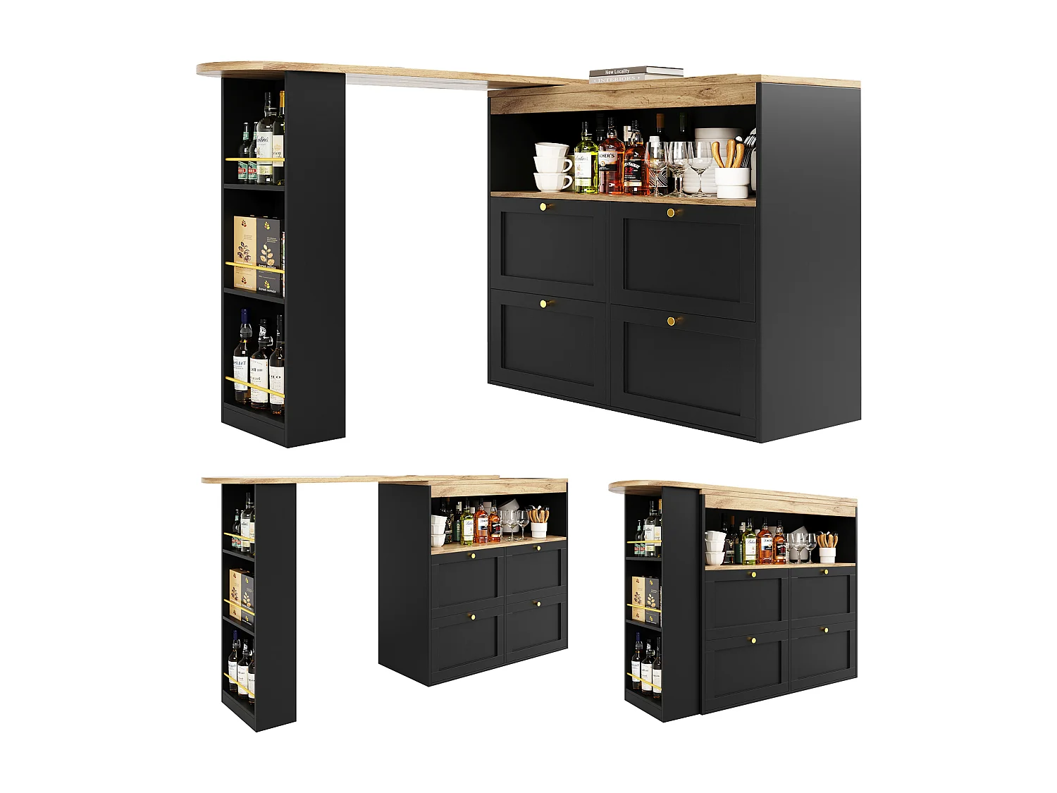 Swivel bar cabinet - 105 x 39 x 102 cm - with 4 drawers + 3 storage shelves - MDF wood-effect top - Black