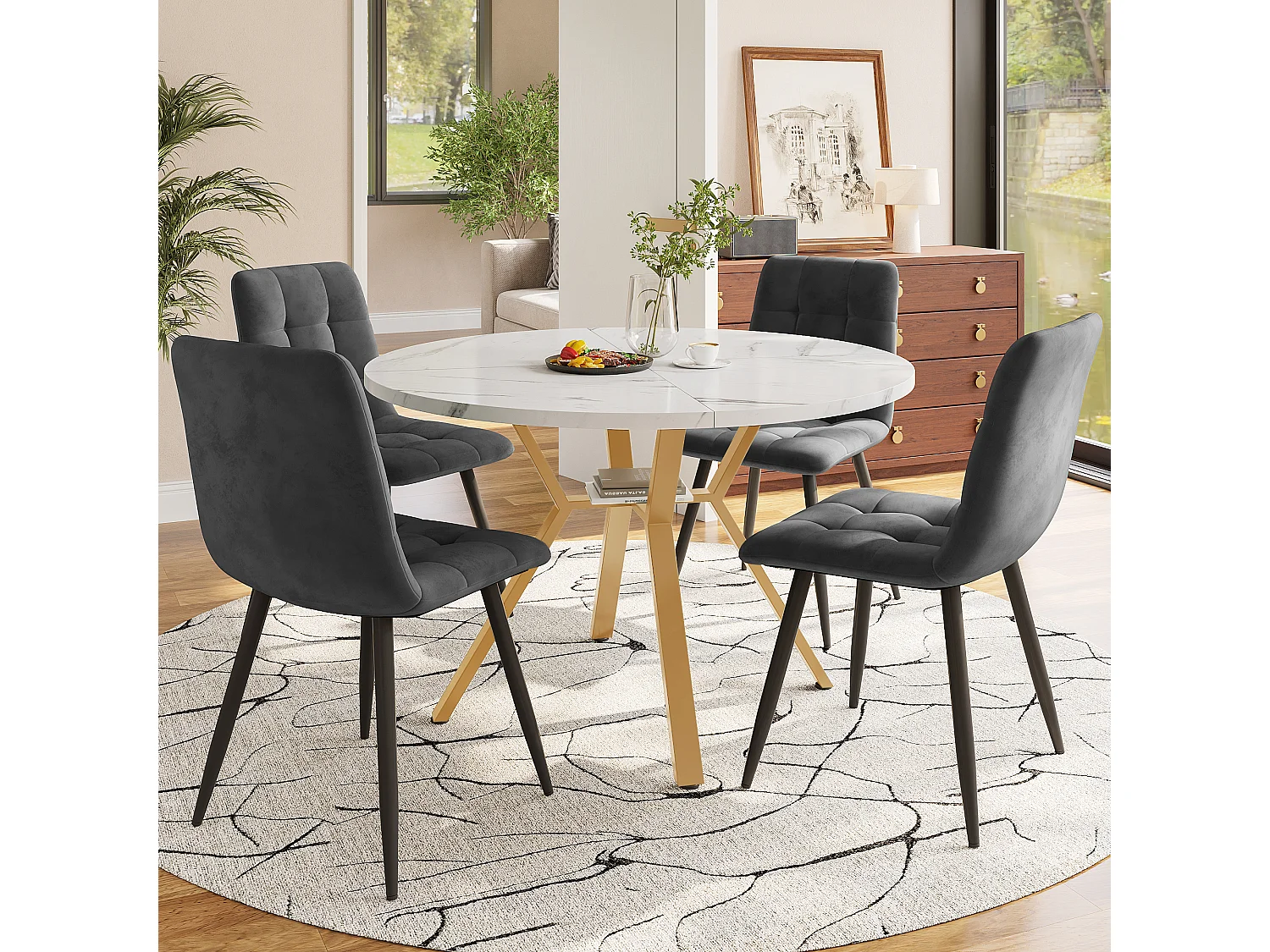 Set of 5 dining table and chairs - 100 x 100 x 75 cm - round table + 4 velvet chairs - MDF - grey + white