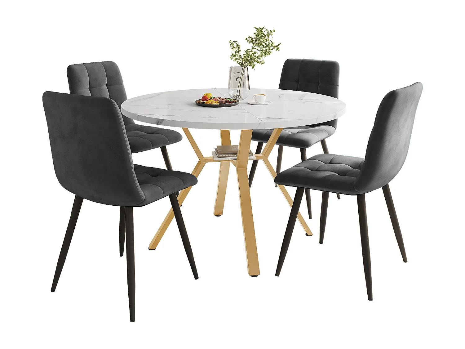 Set of 5 dining table and chairs - 100 x 100 x 75 cm - round table + 4 velvet chairs - MDF - grey + white
