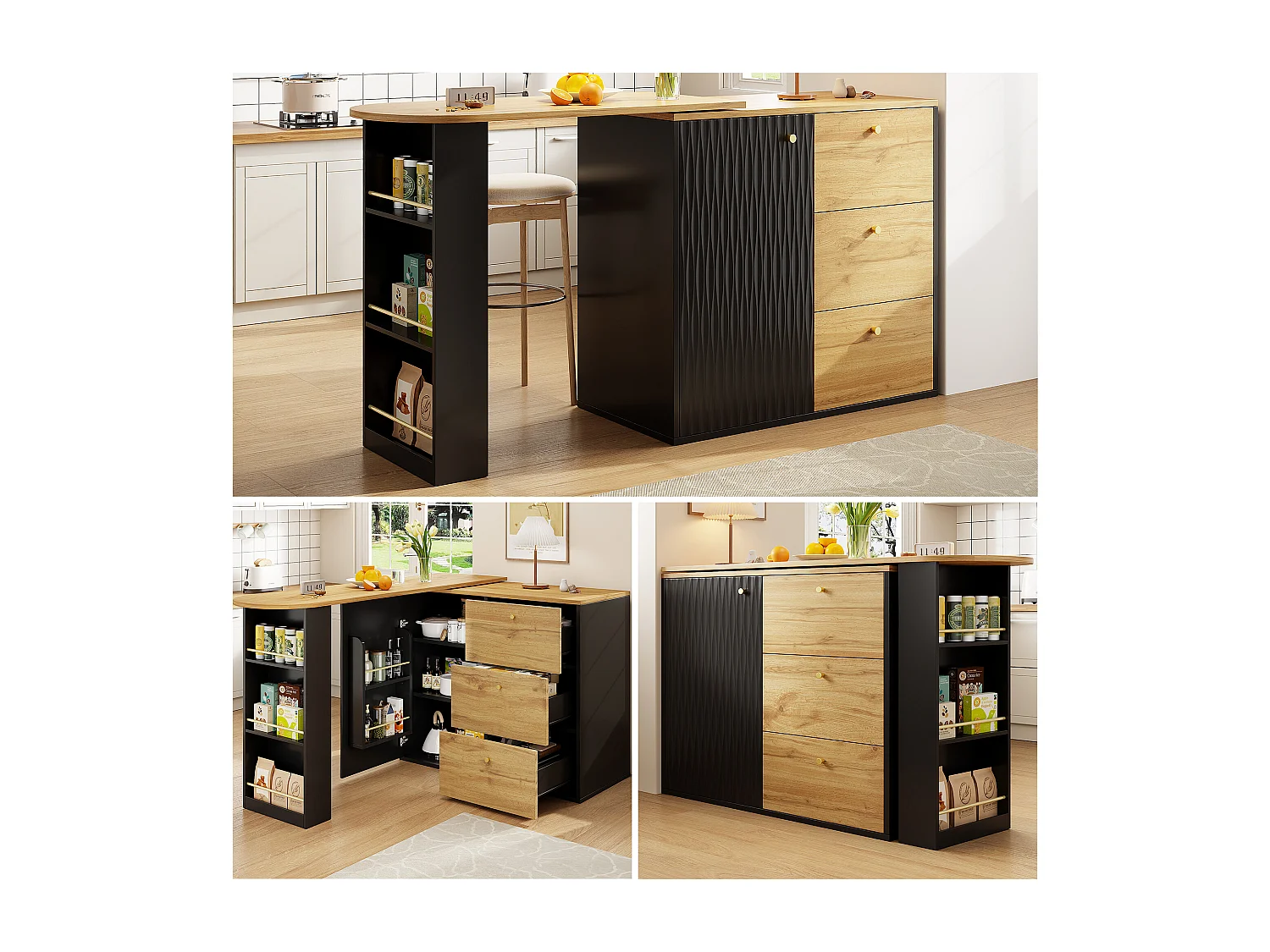 Extendable bar cabinet - 138-204 x 39 x 104 cm - 360° rotating dining table - with 1 door + 3 drawers - MDF - black