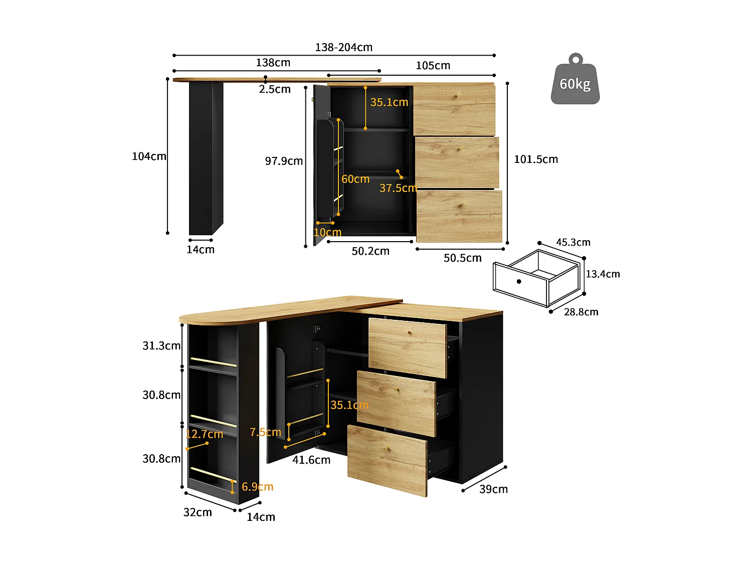 Extendable bar cabinet - 138-204 x 39 x 104 cm - 360° rotating dining table - with 1 door + 3 drawers - MDF - black