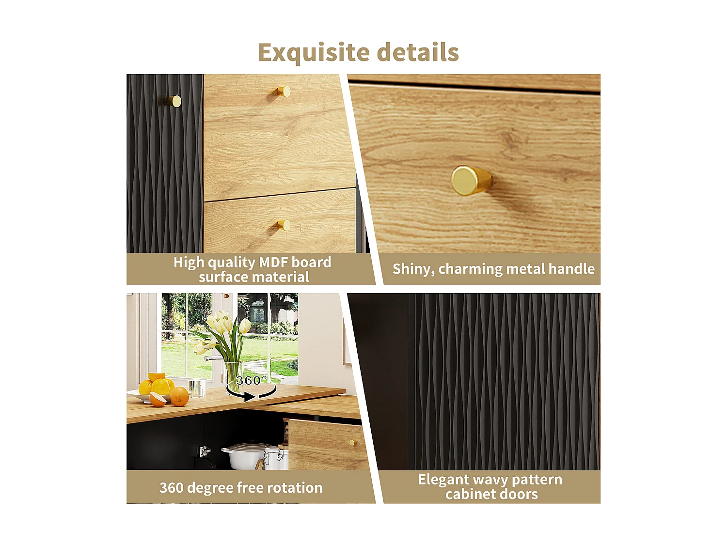 Extendable bar cabinet - 138-204 x 39 x 104 cm - 360° rotating dining table - with 1 door + 3 drawers - MDF - black