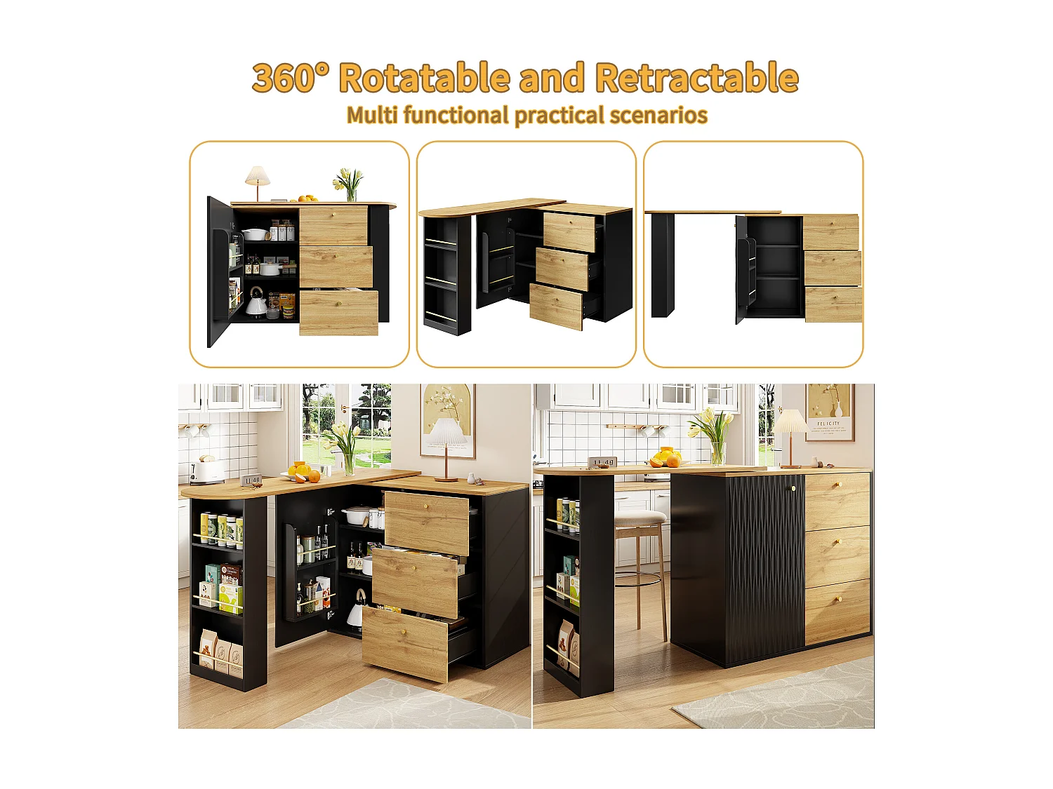 Extendable bar cabinet - 138-204 x 39 x 104 cm - 360° rotating dining table - with 1 door + 3 drawers - MDF - black