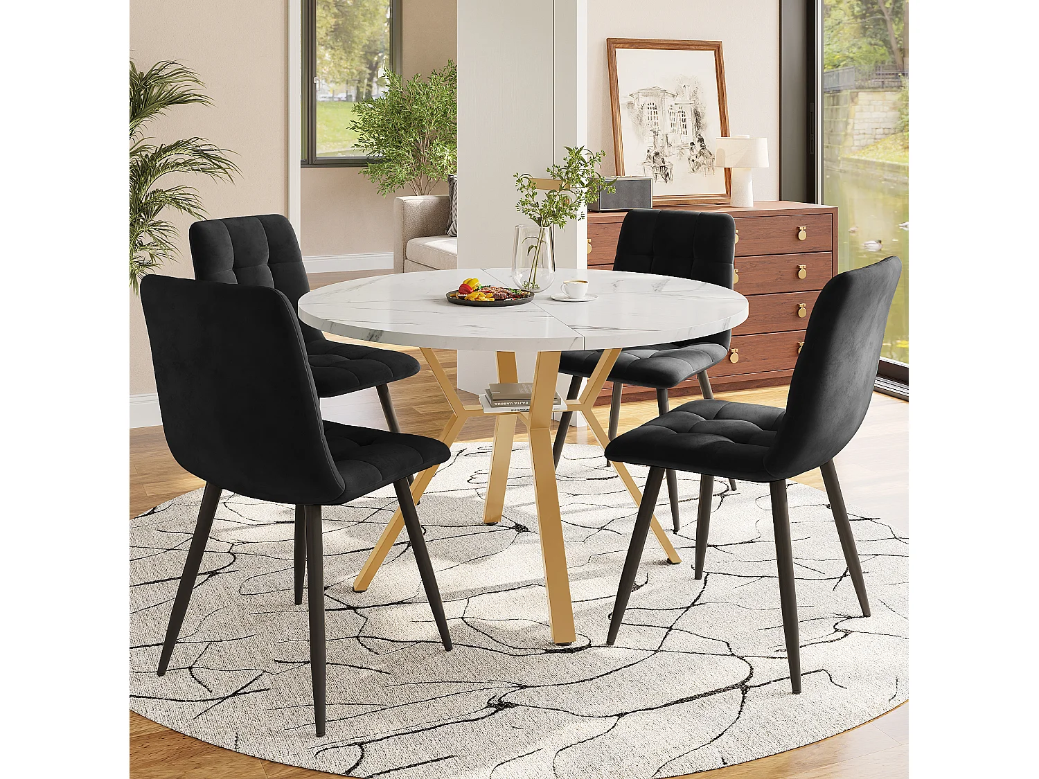 Set of 5 dining table and chairs - 100 x 100 x 75 cm - round table + 4 velvet chairs - MDF - black + white
