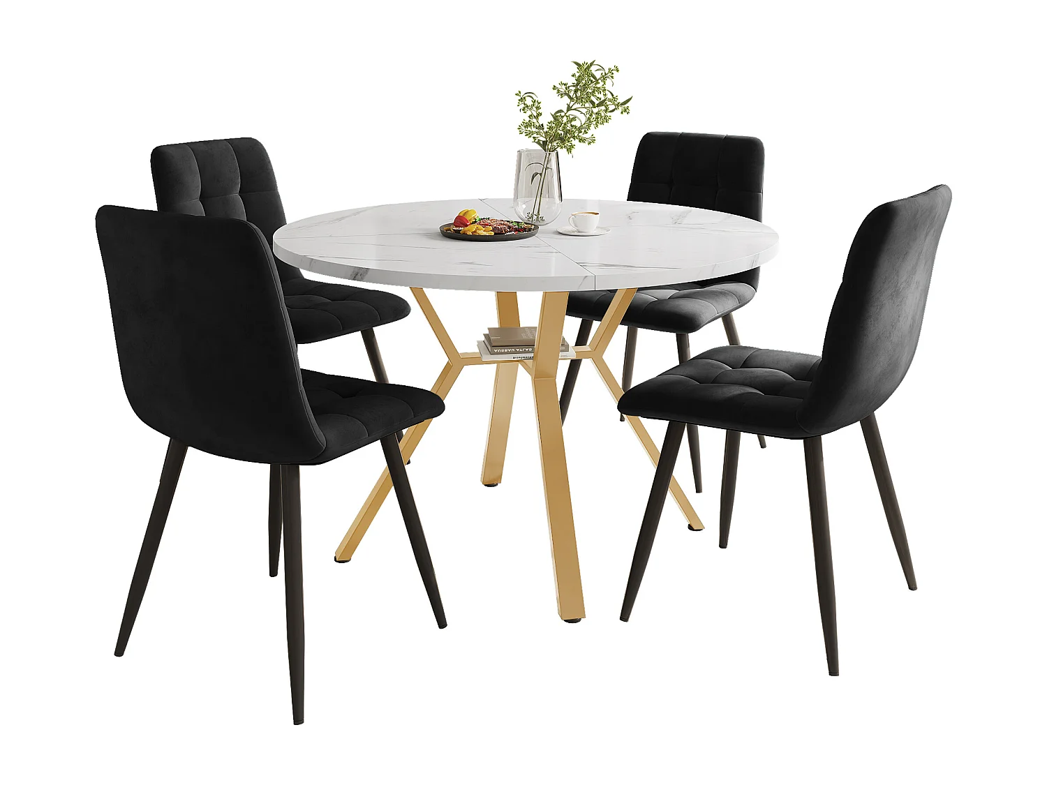Set of 5 dining table and chairs - 100 x 100 x 75 cm - round table + 4 velvet chairs - MDF - black + white