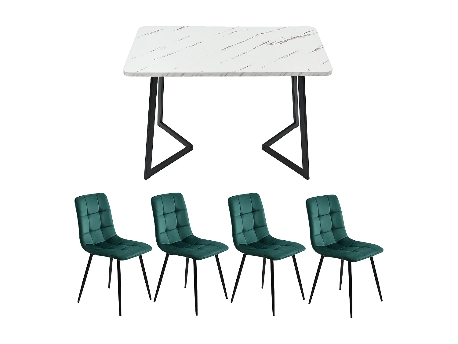 5-piece dining table and chair set - 1 table + 4 velvet chairs - metal legs - green and white