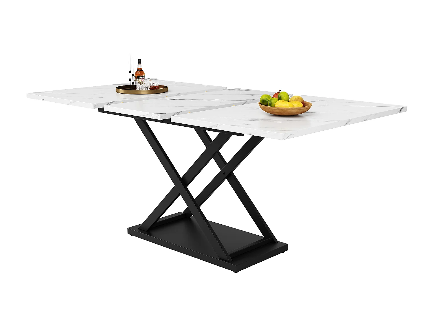 Dining set (5 pieces) - extendable marble table + 4 velvet chairs - MDF + metal - white + black