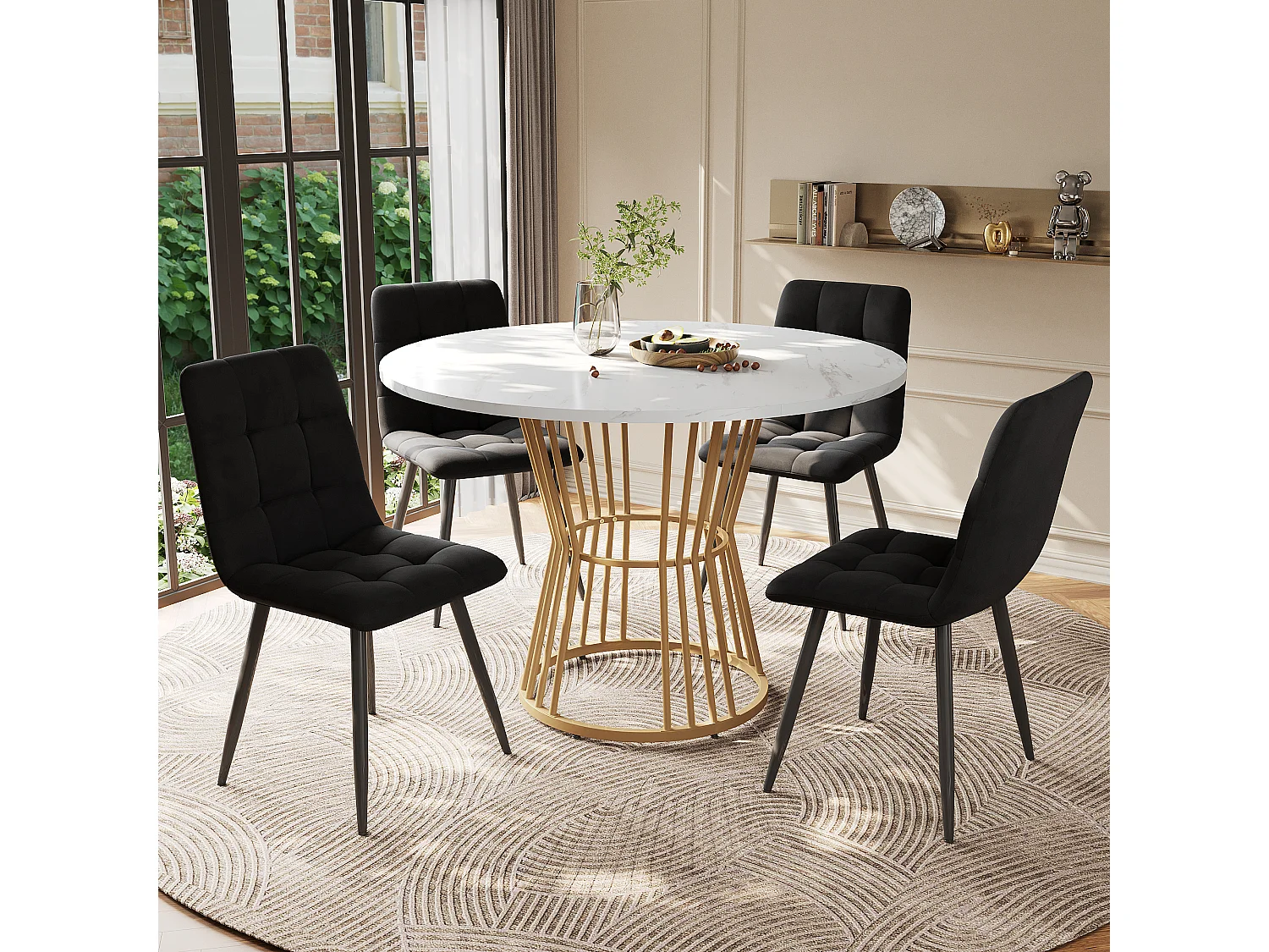Dining set (5 pieces) - with 1 table + 4 velvet chairs - metal legs - MDF - black + gold