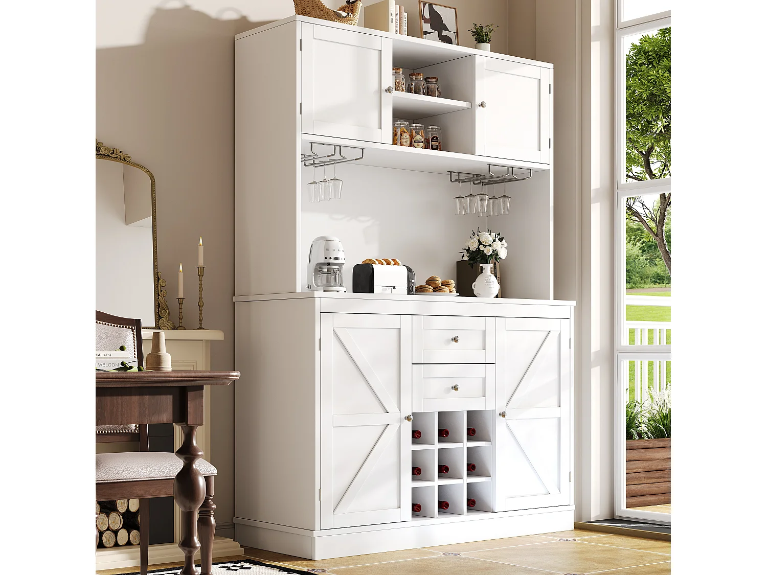 Kitchen sideboard - 120 x 40 x 188 cm - with adjustable shelves + wine rack + 4 doors + 2 drawers - MDF - white