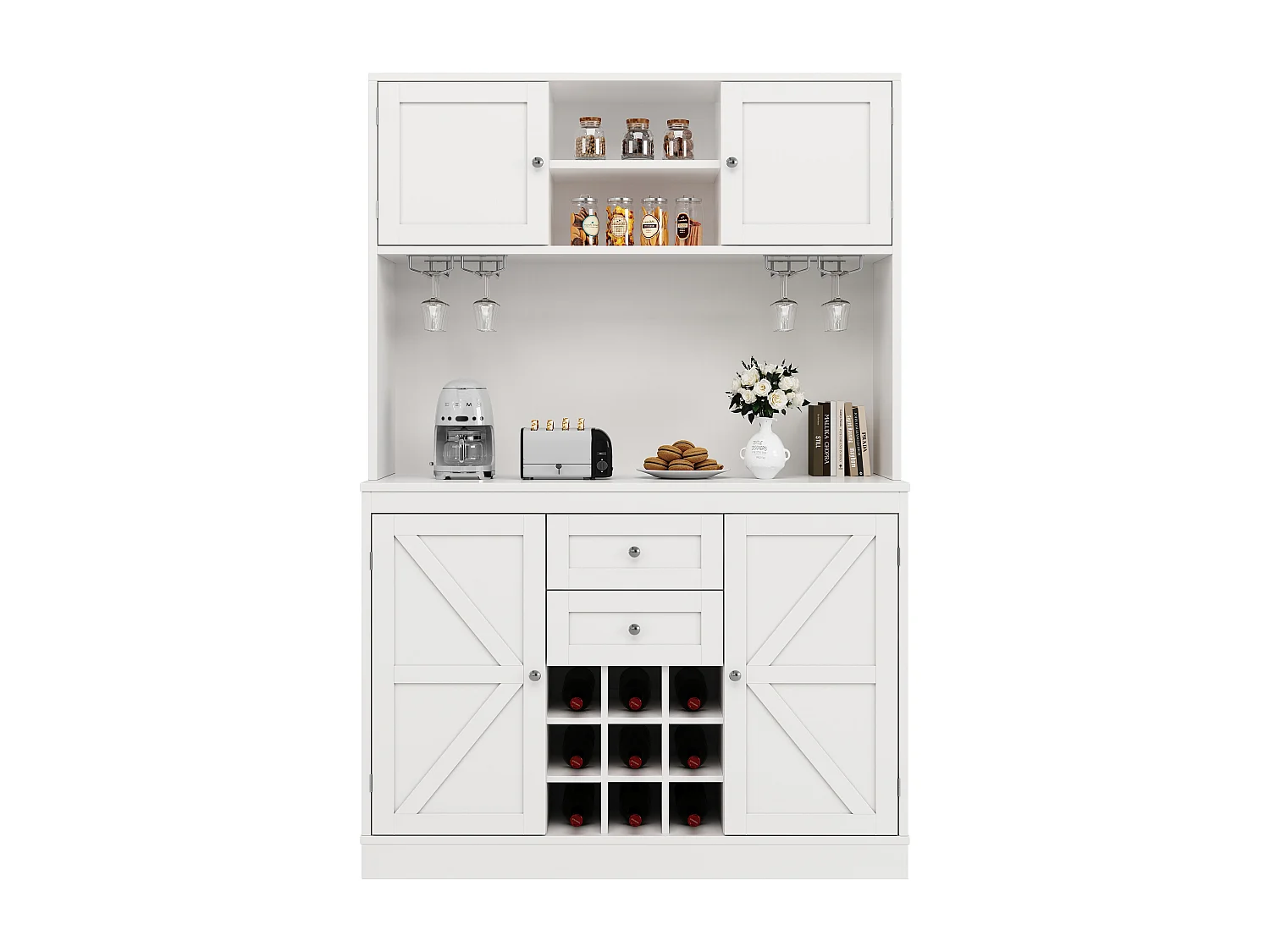 Kitchen sideboard - 120 x 40 x 188 cm - with adjustable shelves + wine rack + 4 doors + 2 drawers - MDF - white