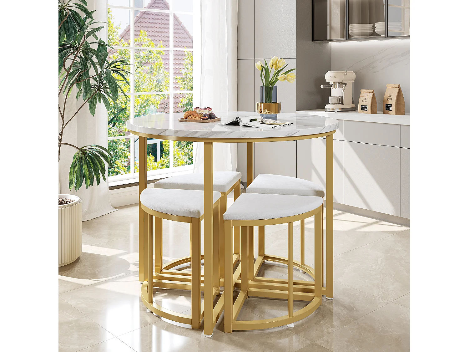 Dining set (5 pieces) - 1 table + 4 velvet chairs - iron frame - MDF - white + gold