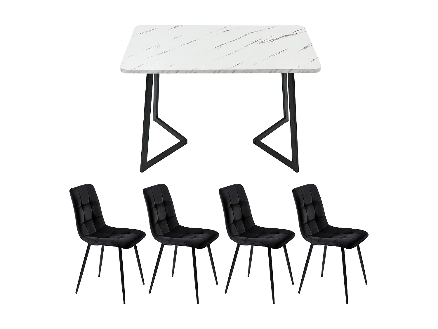 5-piece dining table and chair set - 1 table + 4 velvet chairs - metal legs - black and white