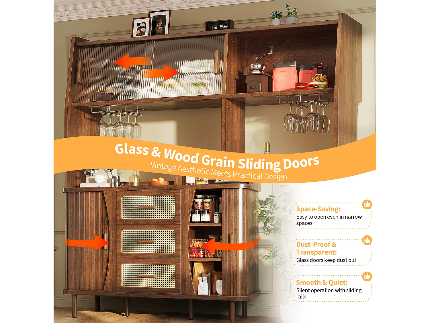 High kitchen sideboard with rattan look - 140 x 40.5 x 174.5 cm - with doors + shelves + drawers - MDF + metal - brown
