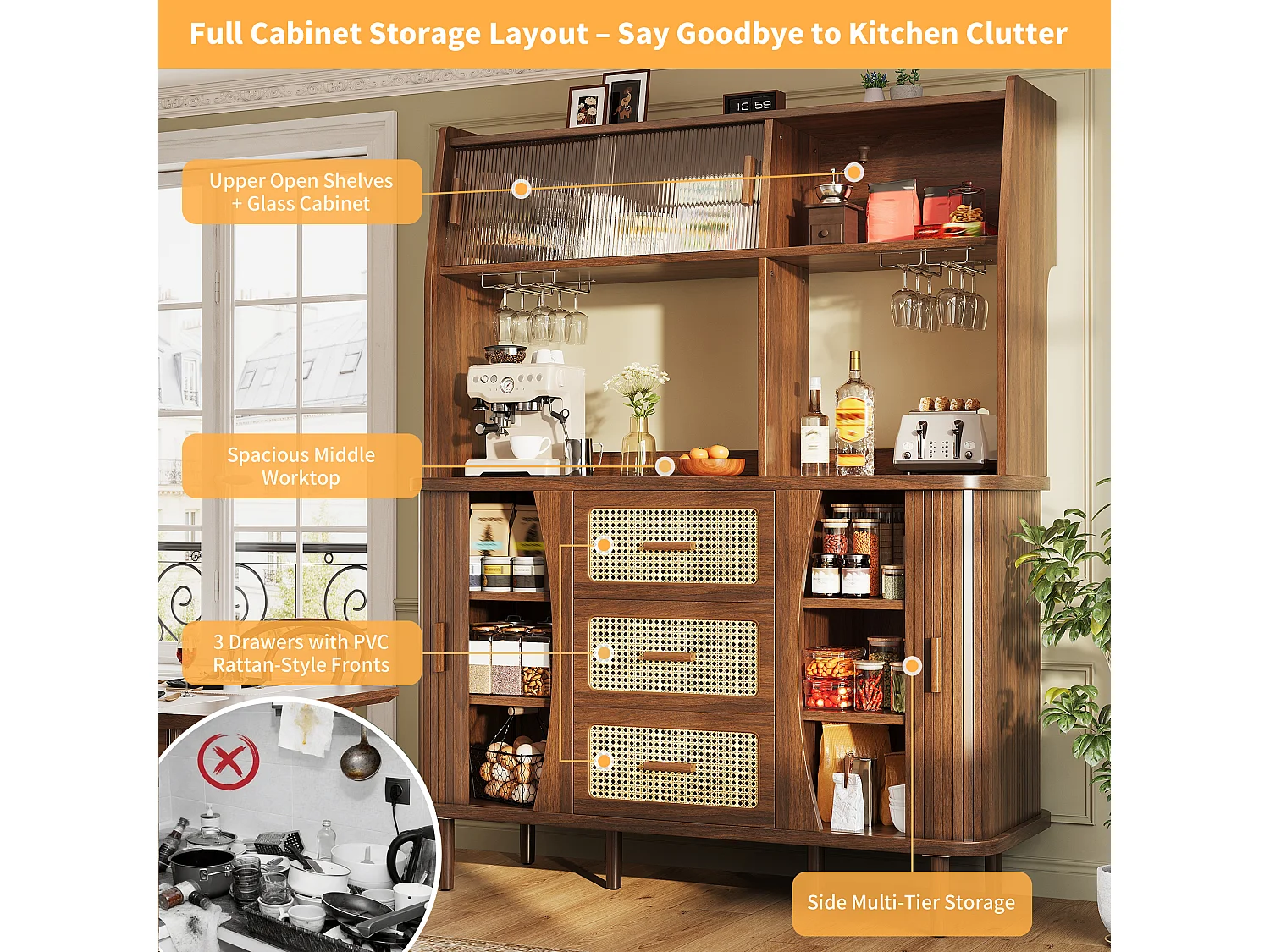 High kitchen sideboard with rattan look - 140 x 40.5 x 174.5 cm - with doors + shelves + drawers - MDF + metal - brown